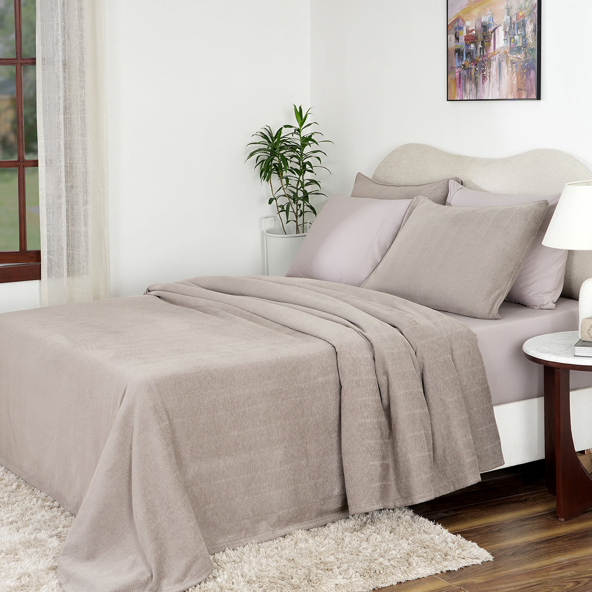 Caroline Woven Herringbone Pattern with Soft Drape Style Neutral Bed Cover/Blanket