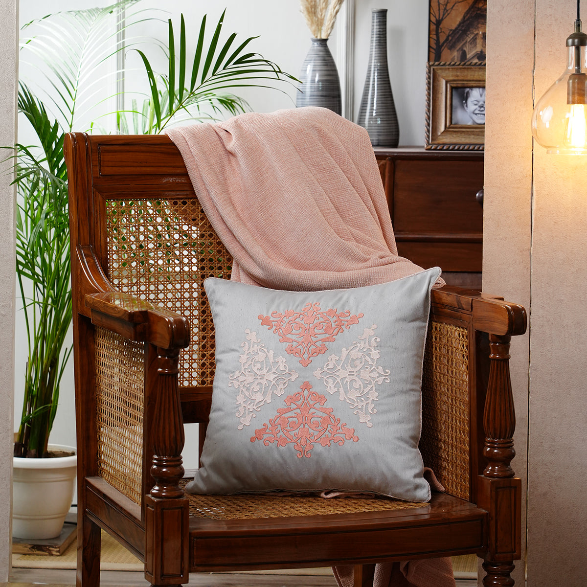 Tranquil Essence Scrollable Tatting Embroidered Viscose Blend Peach Cushion Cover