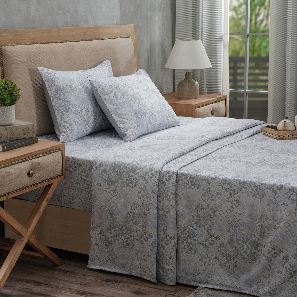 PBS Refined Retro Nouvel Damask 100 Cotton Soft Blue Bed Sheet Set