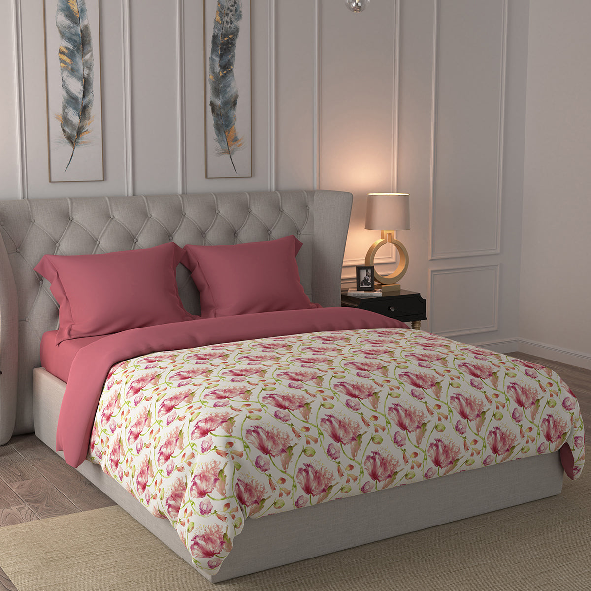 Gardenia Painterly Floral Summer AC Quilt/Quilted Bed Cover/Comforter Pink