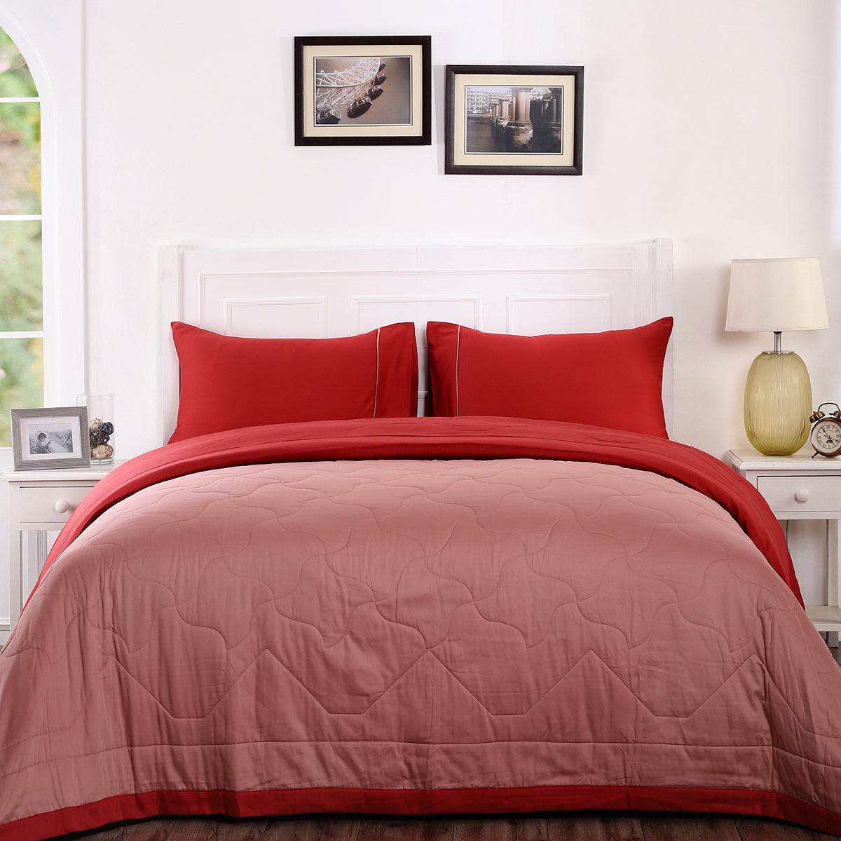 Vincent Reversible Summer AC Quilt/Quilted Bed Cover/Comforter Brick Red/Cameo Brown