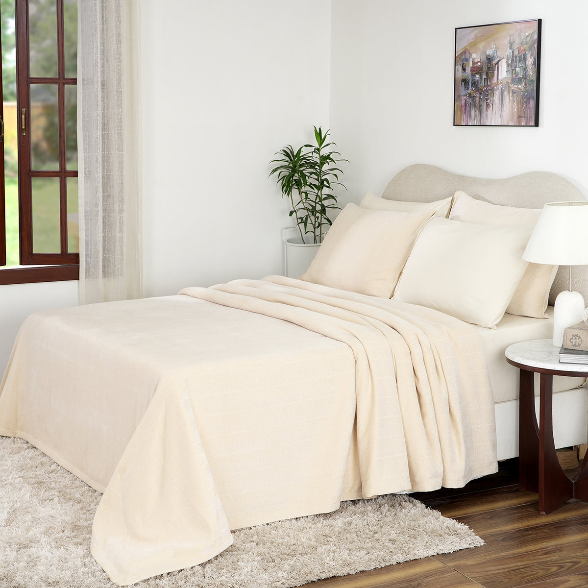 Caroline Woven Herringbone Pattern with Soft Drape Style Beige Bed Cover/Blanket