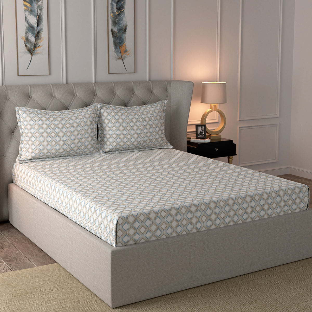 Glam Tribeca Printed 200 TC 100% Cotton Blue Bed Sheet