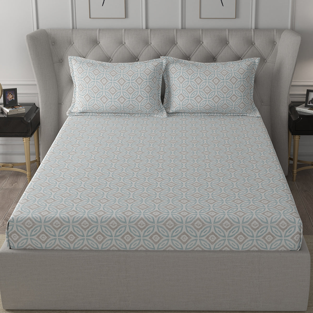 Inhouse Ardour Soren Printed 200 TC 100% Cotton Blue Bed Sheet