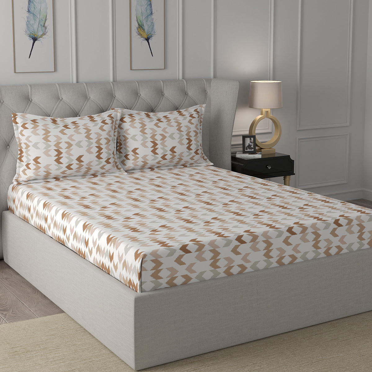 Inhouse Ardour Ingrid Printed 200 TC 100% Cotton Peach Bed Sheet