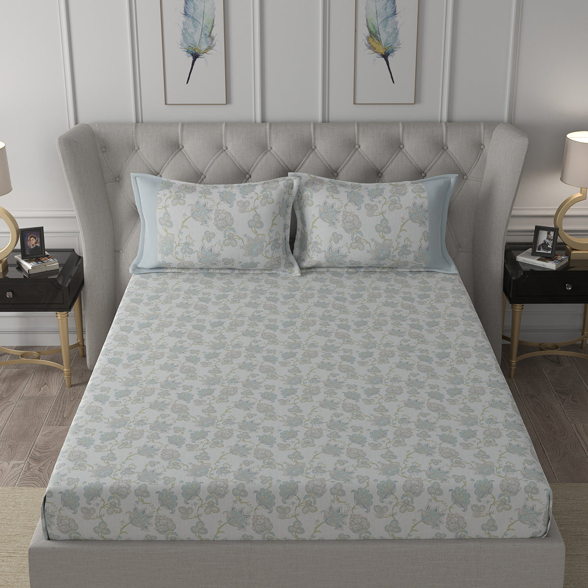 Hermosa Exotic Bouquet Cordelia Blue Bed Sheet with Pillow Case