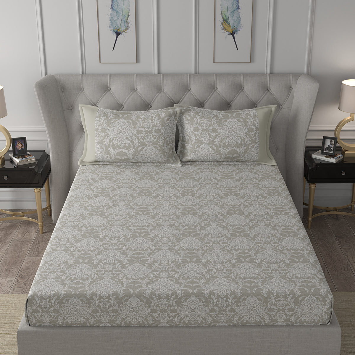 Hermosa Exotic Bouquet Damask Floral Neutral Bed Sheet with Pillow Case