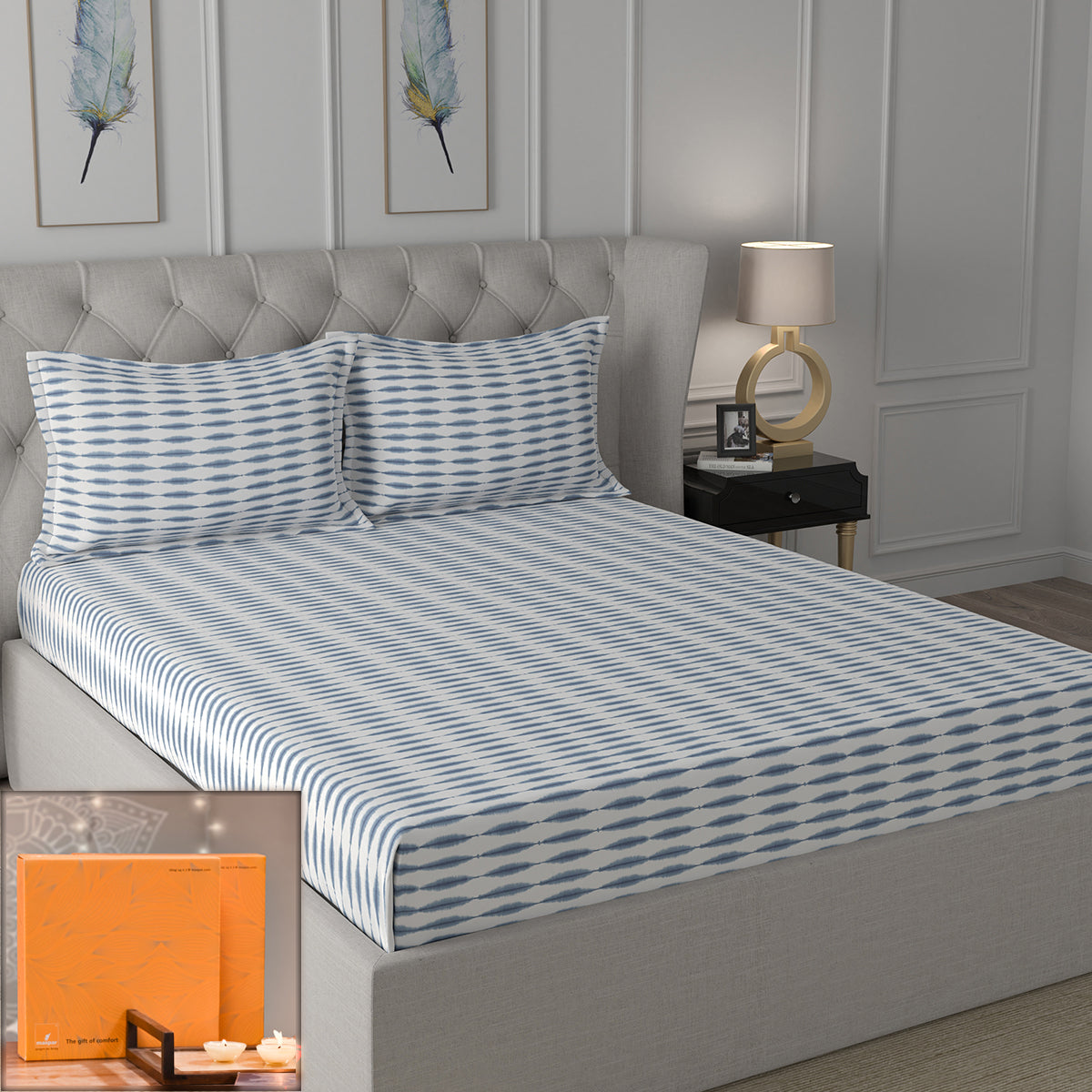 Backyard Patio Nova Printed 100%Cotton Blue Bed Sheet with Pillow Covers