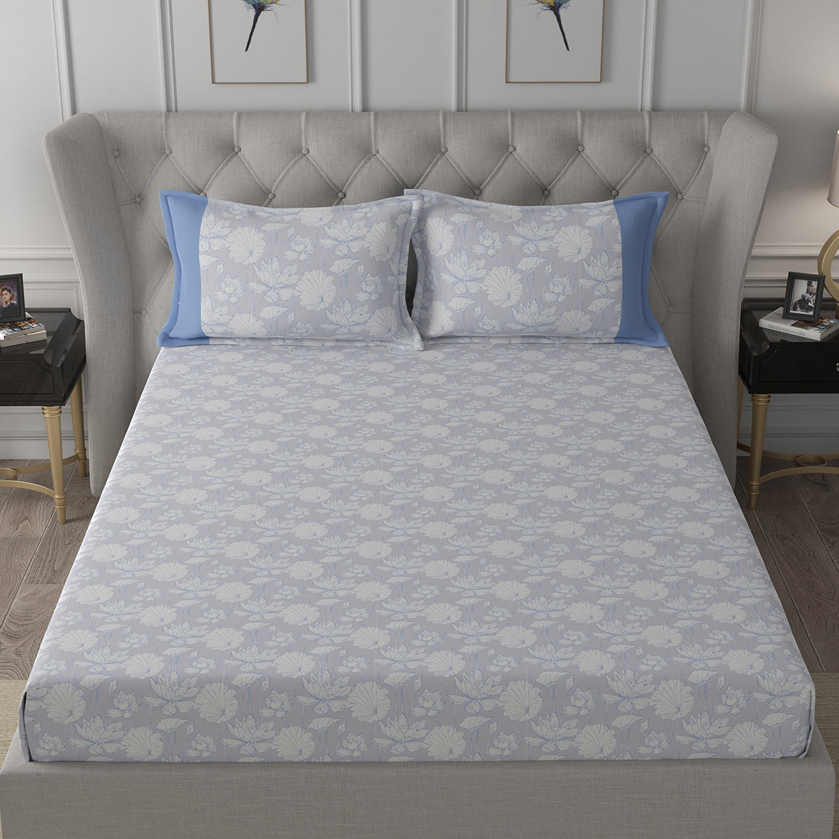 Backyard Patio Albrecht Printed 100%Cotton Blue Bed Sheet with Pillow Covers