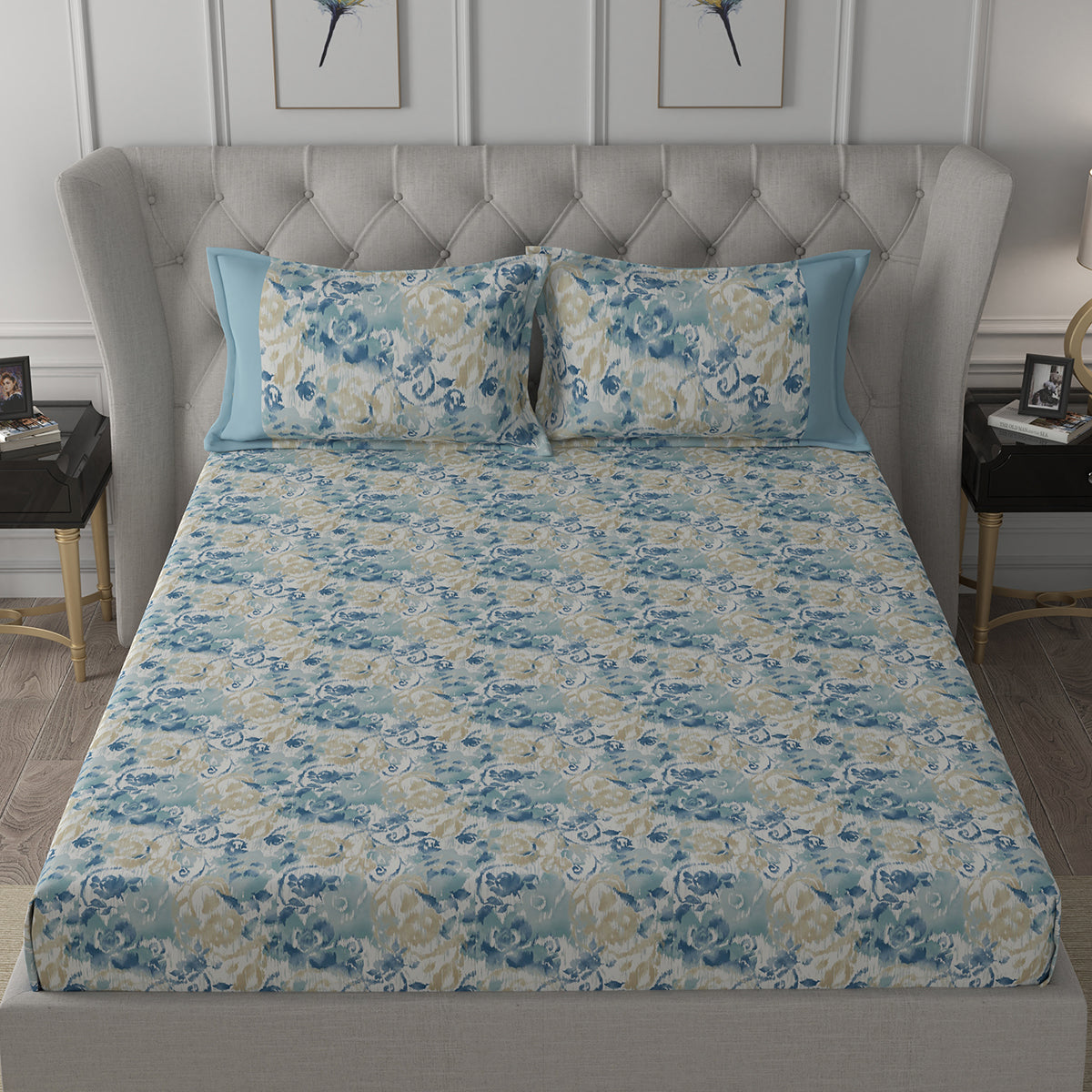 Backyard Patio Meridian Printed 100%Cotton Blue Bed Sheet with Pillow Covers