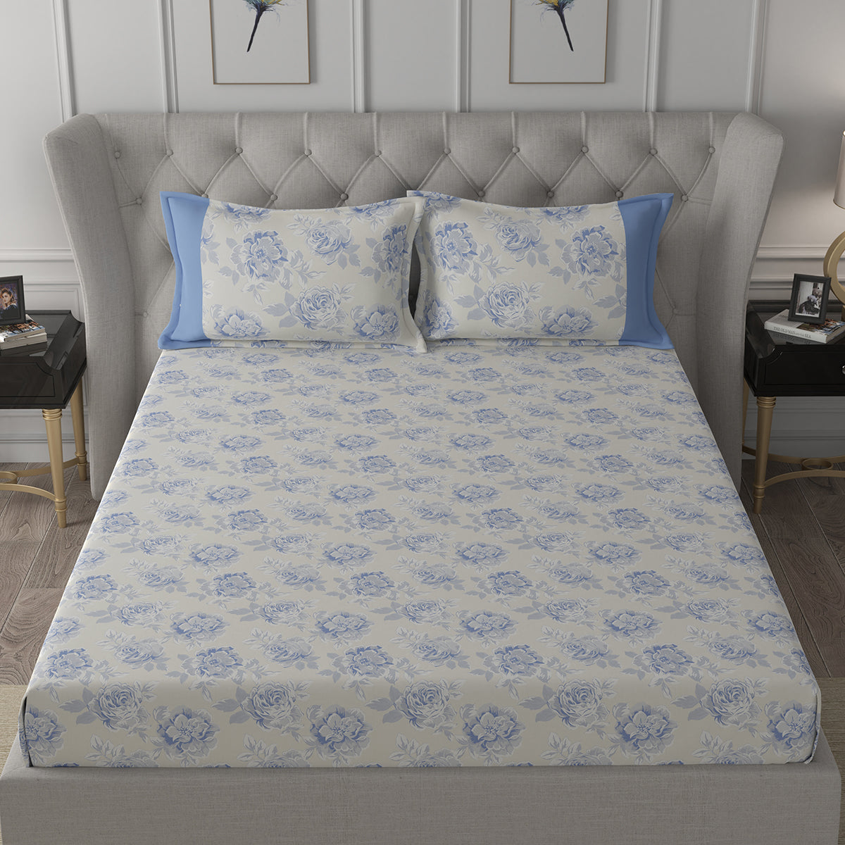 Backyard Patio Silvie Printed 100%Cotton Blue Bed Sheet with Pillow Covers