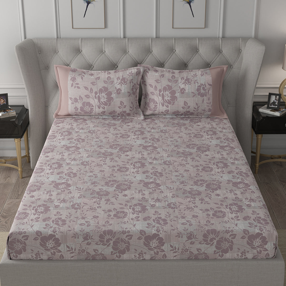Backyard Patio Textured Floral Printed 100%Cotton Peach Bed Sheet with Pillow Covers