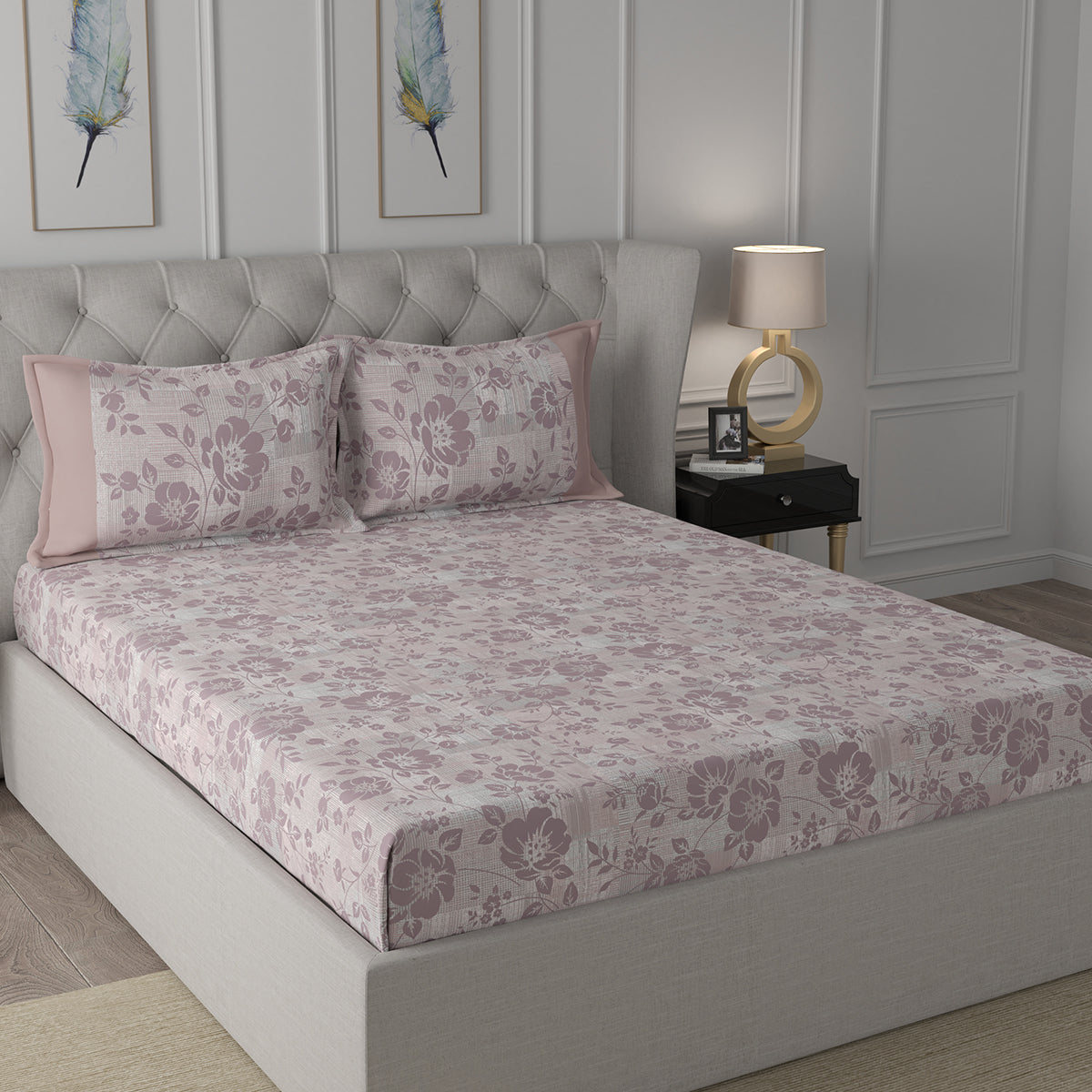 Backyard Patio Textured Floral Printed 100%Cotton Peach Bed Sheet with Pillow Covers
