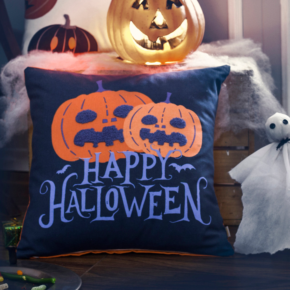 Halloween Happy Halloween Printed & Embroidered 1 Pc Cushion Cover