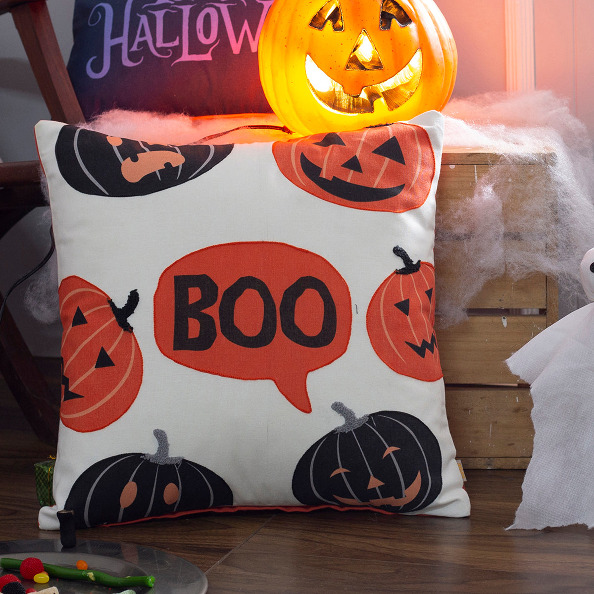 Halloween Boo Printed & Embroidered 1 Pc Cushion Cover