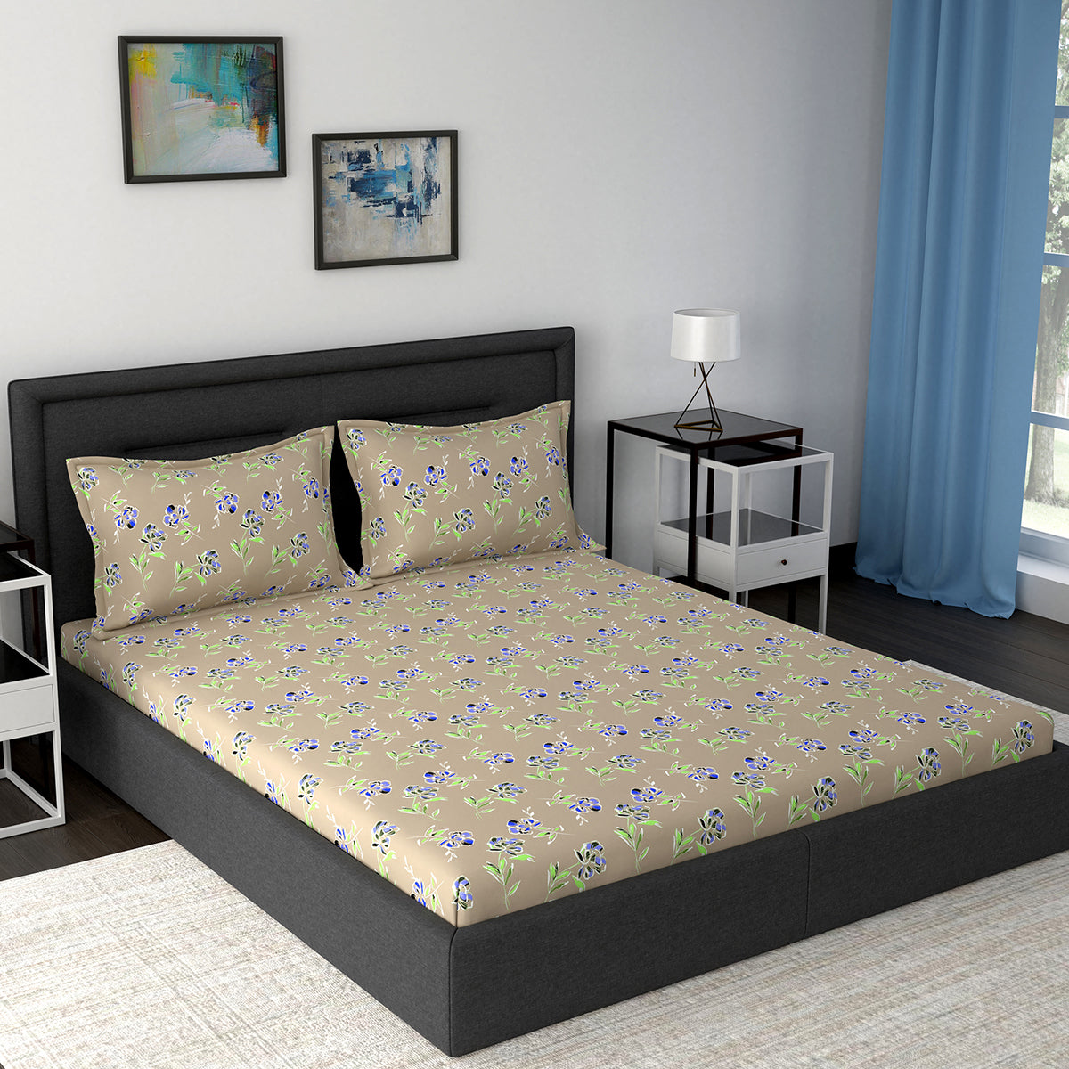 Modern Sanctuary Louisa Printed 144 TC 100% Cotton Beige Bed Sheet