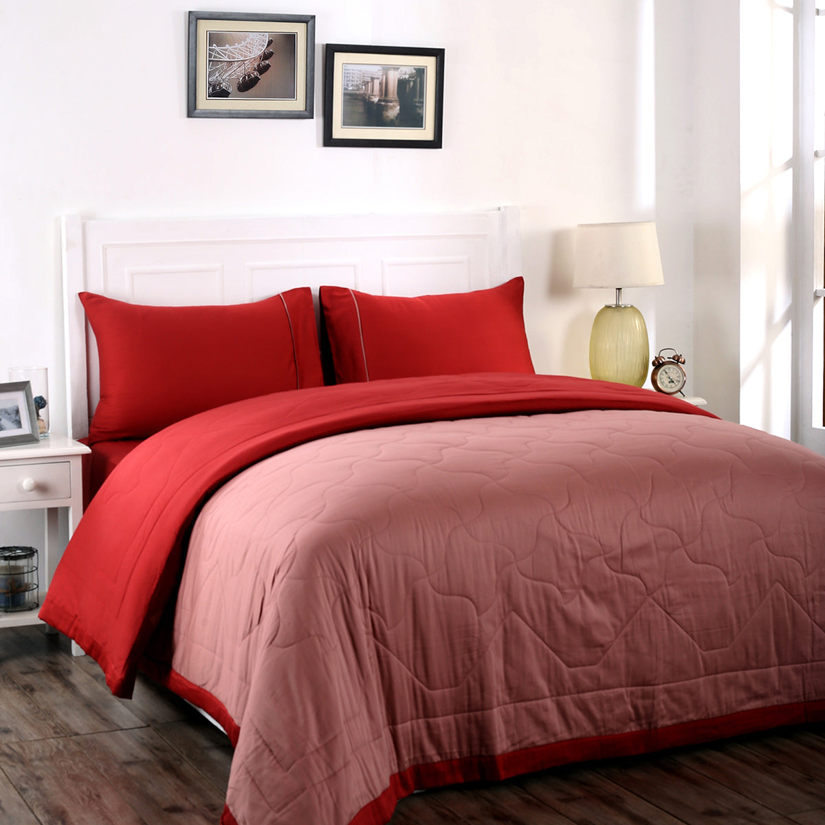 Vincent Reversible Summer AC Quilt/Quilted Bed Cover/Comforter Brick Red/Cameo Brown