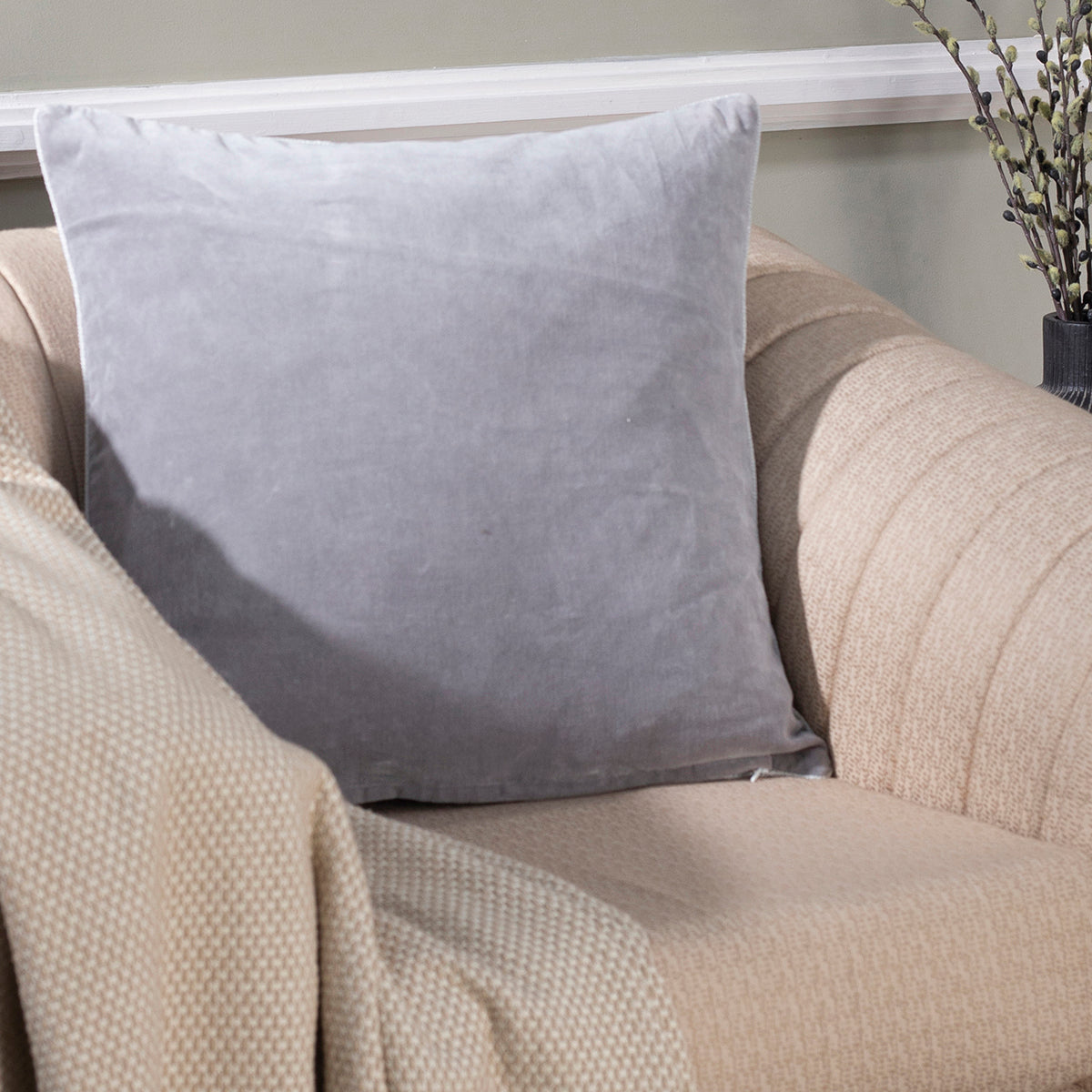 Vintage Printed Solid Velvet Cushion Cover Grey