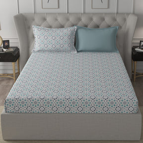 Inhouse Ardour Darien Printed 200 TC 100% Cotton Blue Bed Sheet with Pillow Case