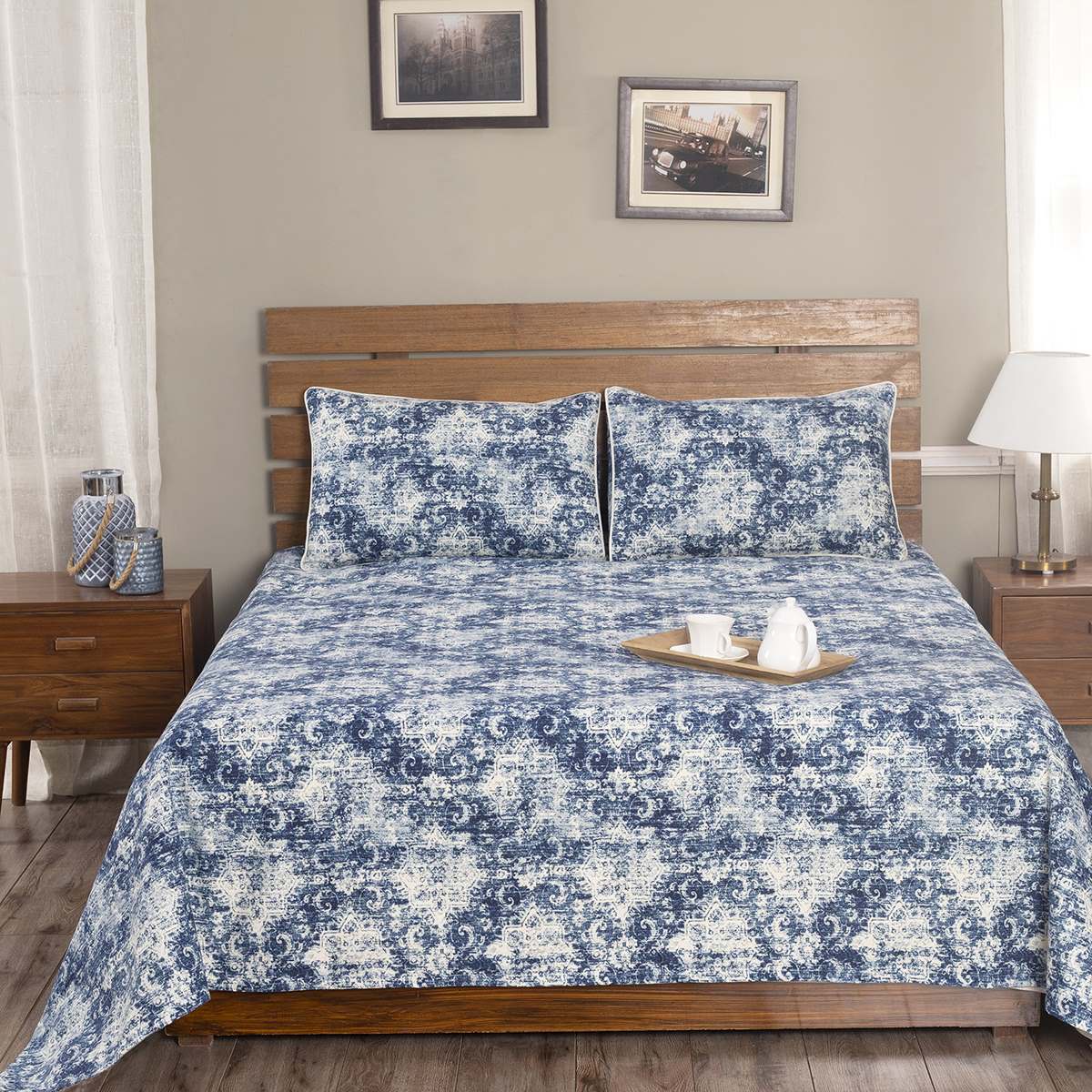 Rustic Clash Hyper Graphic Blue Printed 3 Pc Bed Cover Set