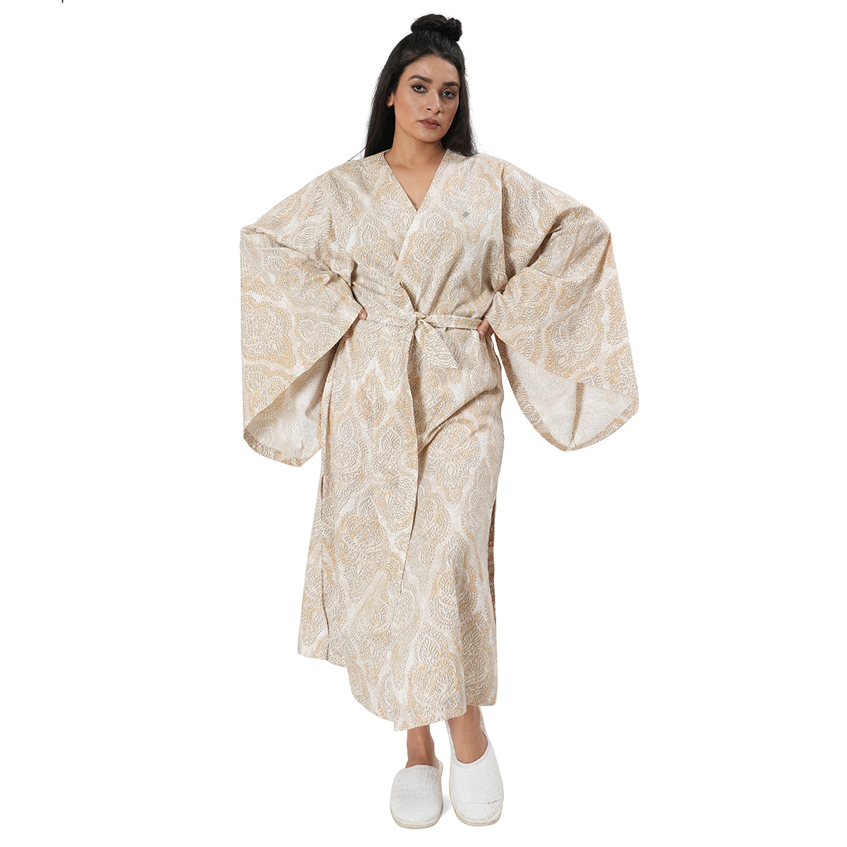 Luxe Boutique Lindsey Printed Gold 1Pc Calf Length Robe/Gown/Bath Robe In Box Packaging