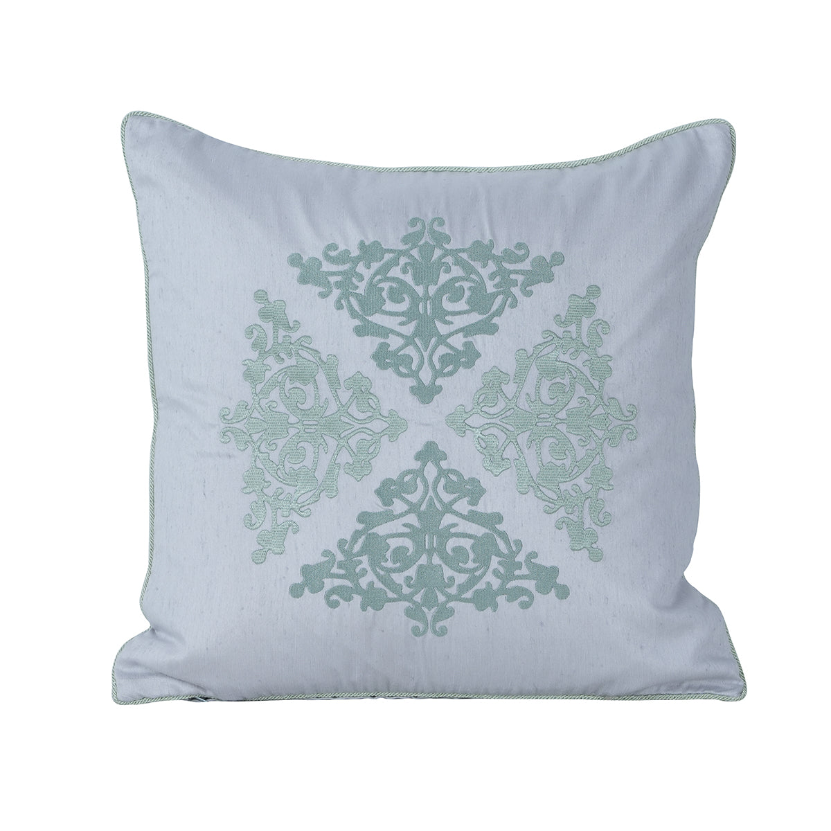 Tranquil Essence Scrollable Tatting Embroidered Viscose Blend Green Cushion Cover