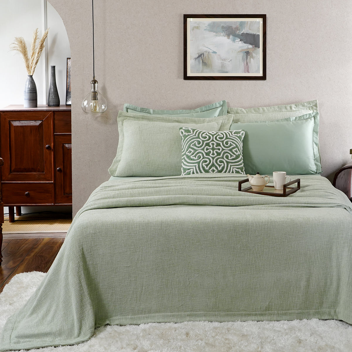 Tranquil Essence Burb Slub Viscose Blend Soft Weaved Green 8 PC Bed Cover Set