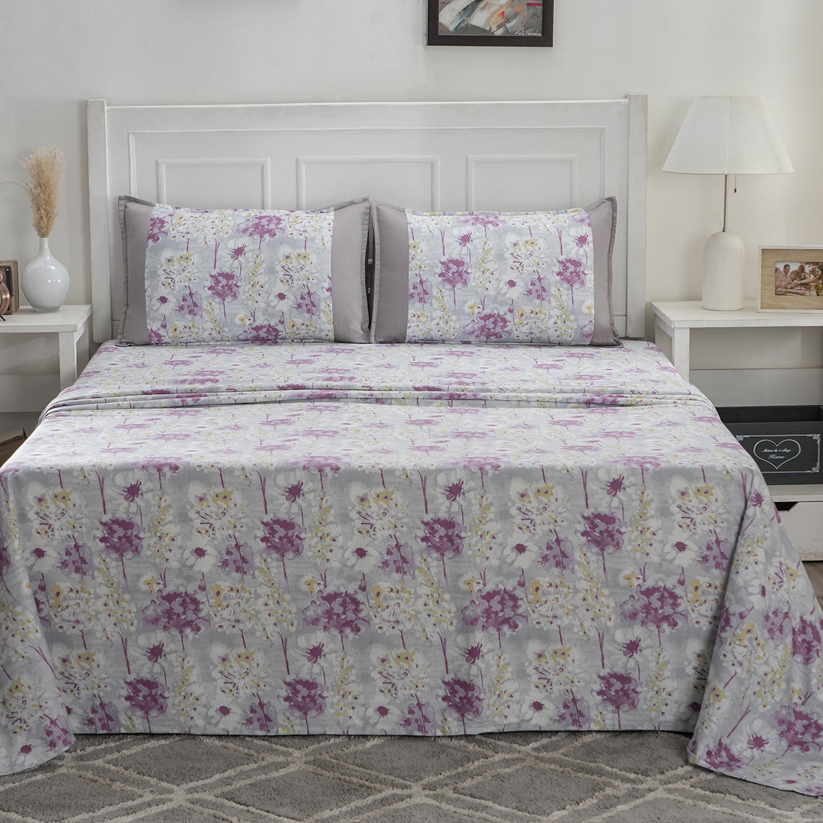 Optimist Bloom 200 TC Spongy Floral 100% Cotton Printed Bed Sheet With Pillow Covers