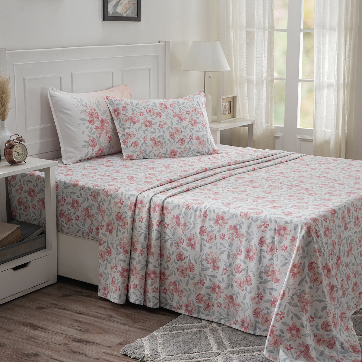 Optimist Bloom 300 TC Orville 100% Cotton Printed Bed Sheet with Pillow Case