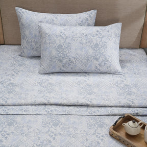 PBS Refined Retro Nouvel Damask 100% Cotton Soft Blue Bed Sheet Set