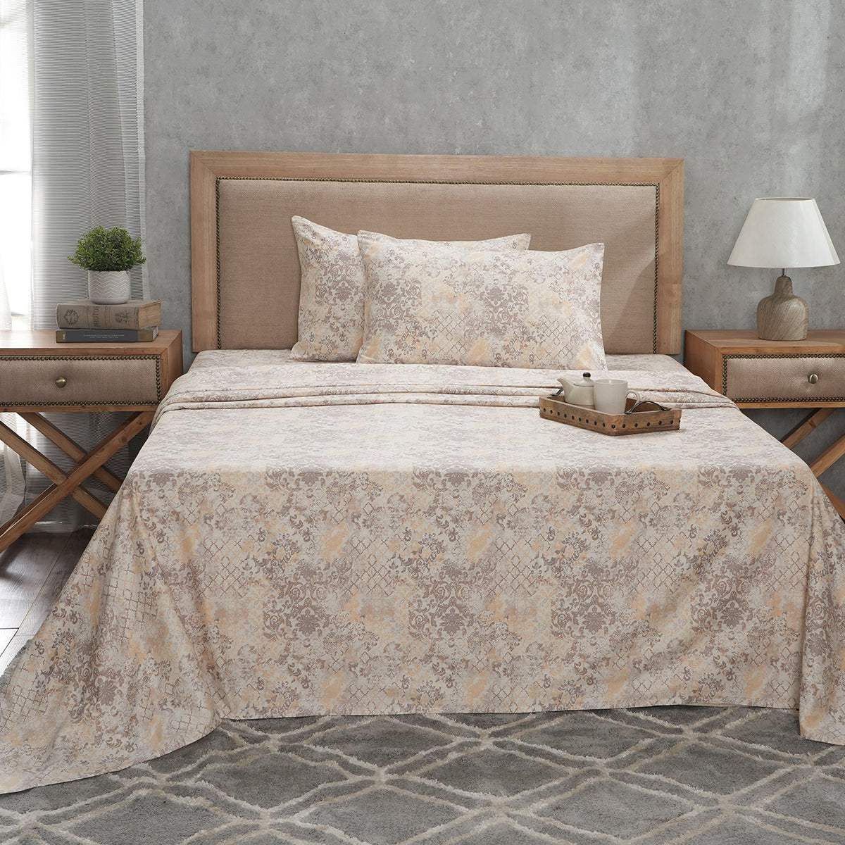 PBS Refined Retro Nouvel Damask 100% Cotton Soft Neutral Bed Sheet Set