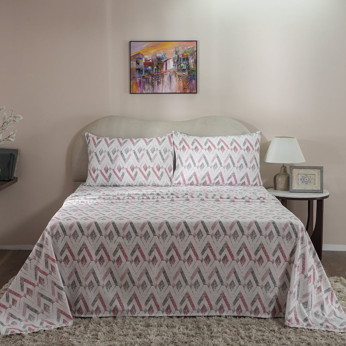 Hues PBS Refined Retro 210 TC Damascus Bed Sheet With Pillow Cover