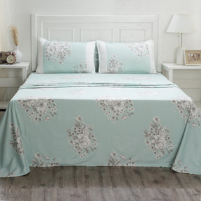 Royal Botanic Bloom Flora 200TC Aqua 100% Cotton Bed Sheet with Pillow Case