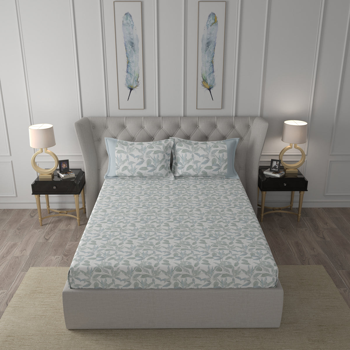 Tranquil Serenity Tropical Garden 100%Cotton Printed Bed Sheet with Pillow Case Blue