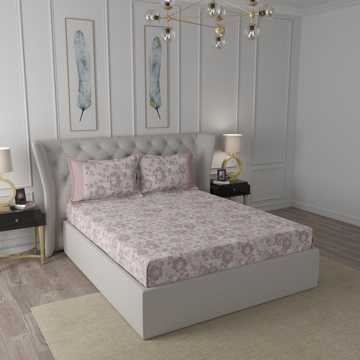 Tranquil Serenity Textured Floral 100%Cotton Printed Bed Sheet with Pillow Case Peach