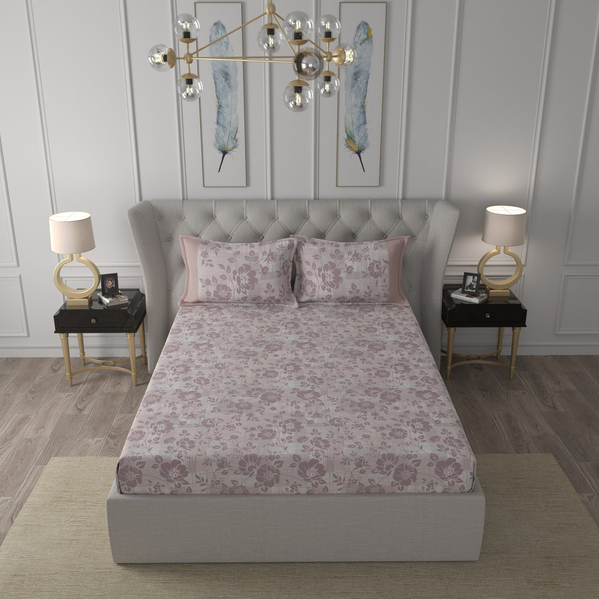 Tranquil Serenity Textured Floral 100%Cotton Printed Bed Sheet with Pillow Case Peach
