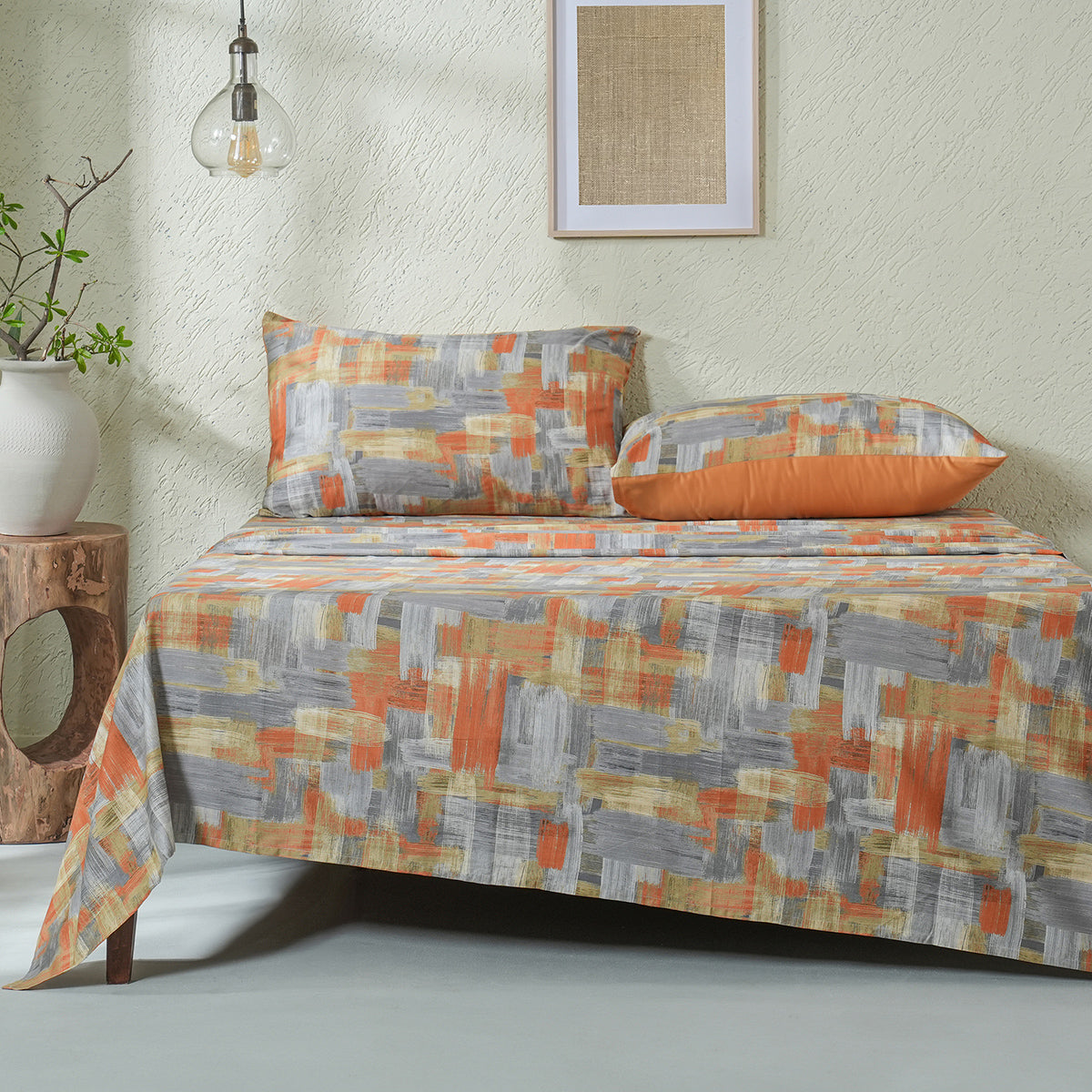 Whimsy Nature Brush Strokes Digital Printed 100% Cotton Rust Bedsheet with Pillow Case