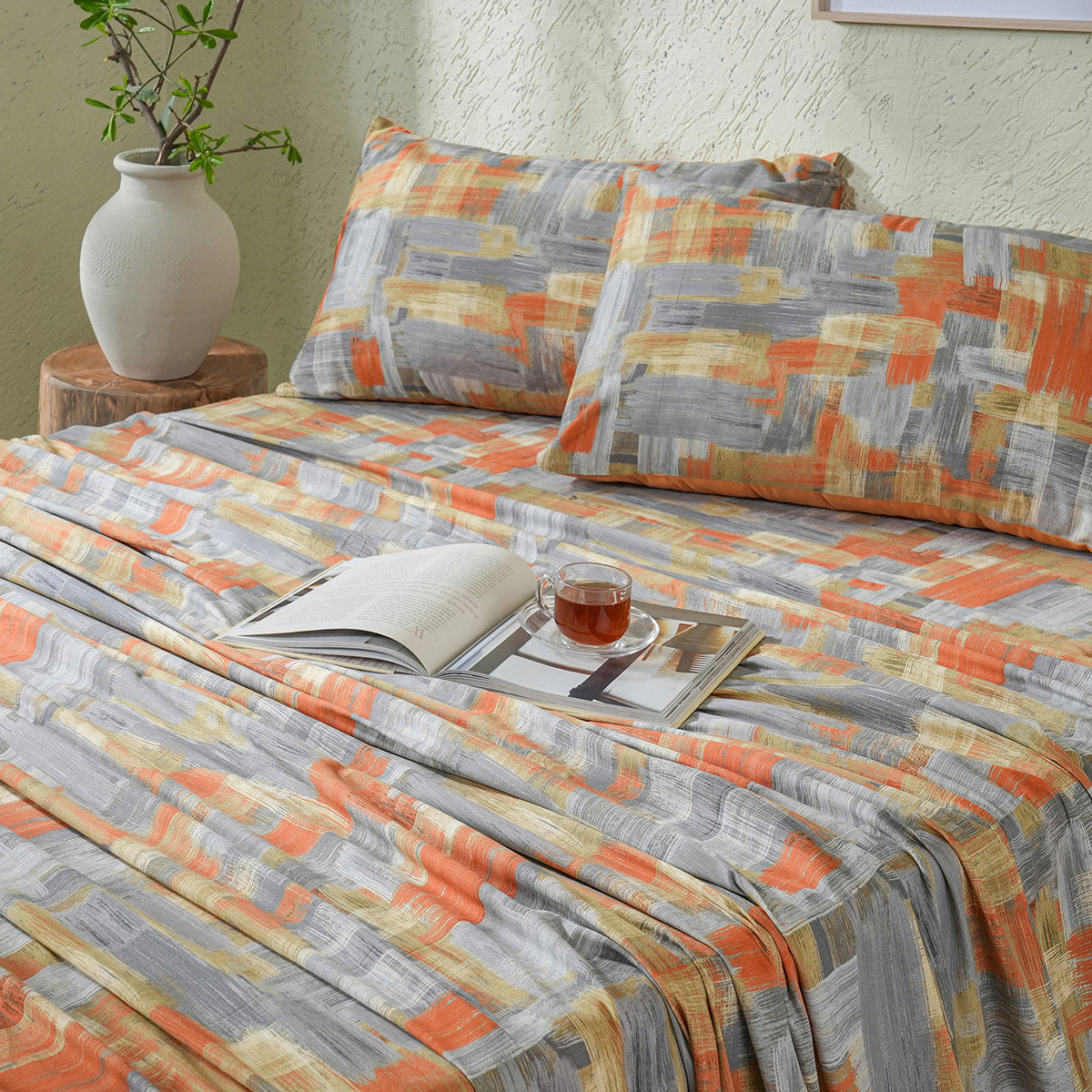 Whimsy Nature Brush Strokes Digital Printed 100% Cotton Rust Bedsheet with Pillow Case