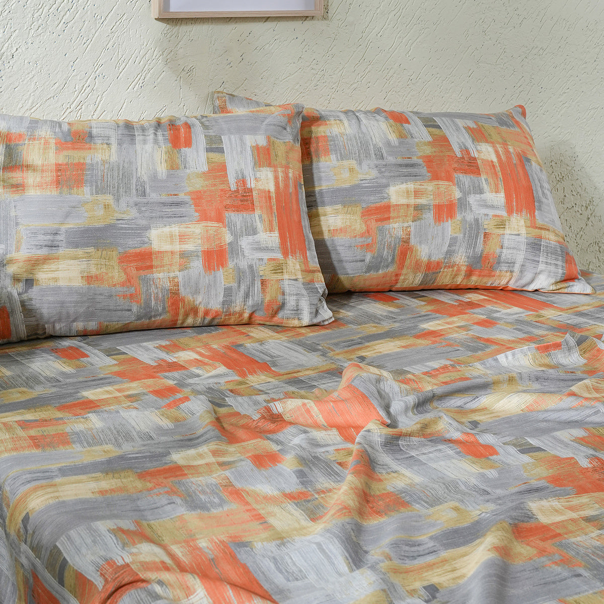 Whimsy Nature Brush Strokes Digital Printed 100% Cotton Rust Bedsheet with Pillow Case