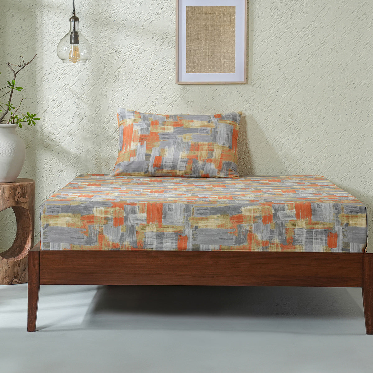 Whimsy Nature Brush Strokes Digital Printed 100% Cotton Rust Bedsheet with Pillow Case