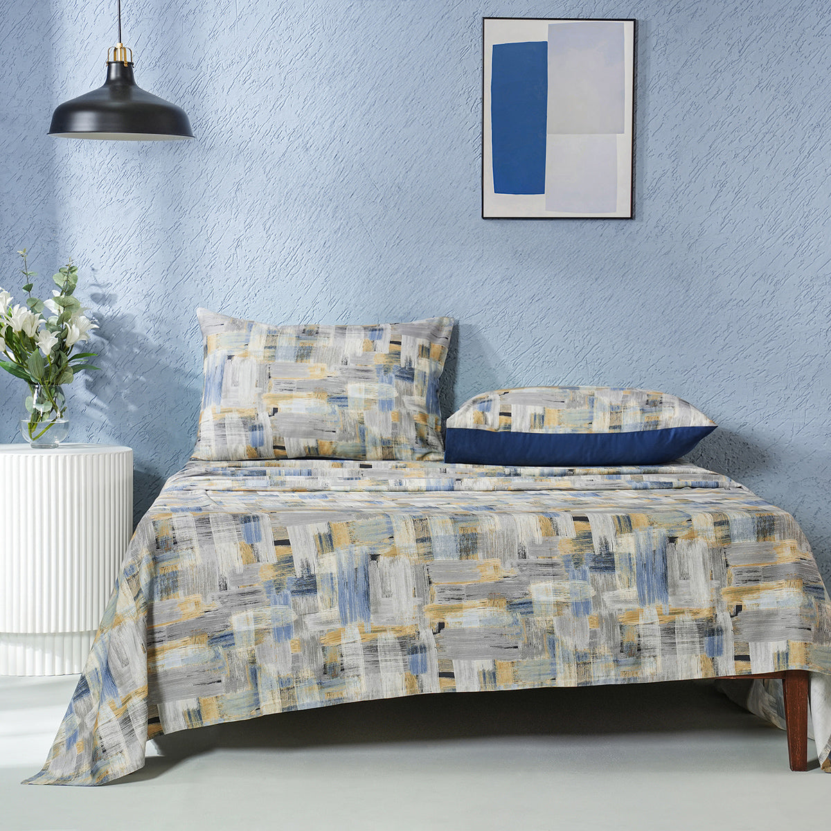 Whimsy Nature Brush Strokes Digital Printed 100% Cotton Blue Bedsheet with Pillow Case