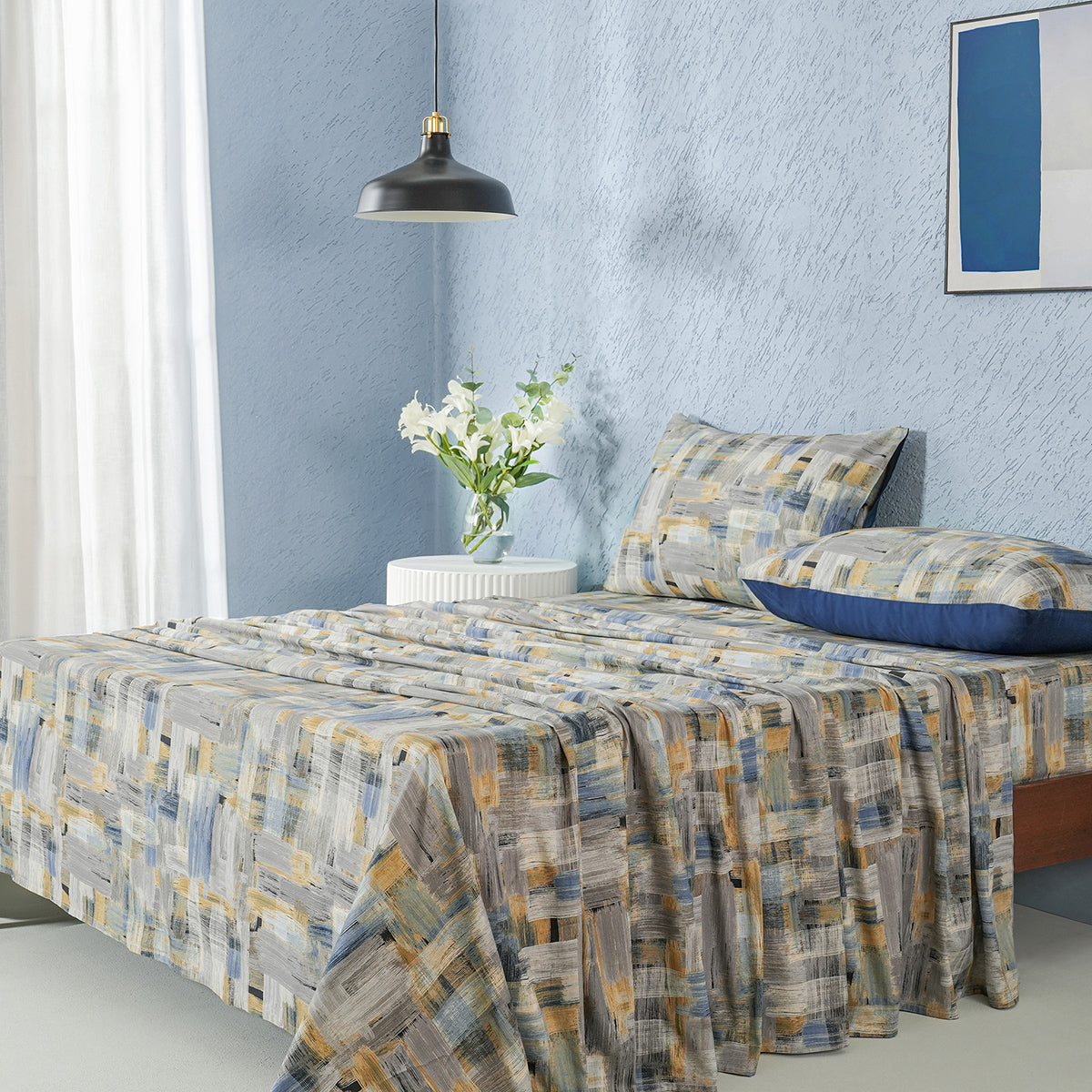 Whimsy Nature Brush Strokes Digital Printed 100% Cotton Blue Bedsheet with Pillow Case