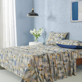 Whimsy Nature Brush Strokes Digital Printed 100% Cotton Blue Bedsheet with Pillow Case