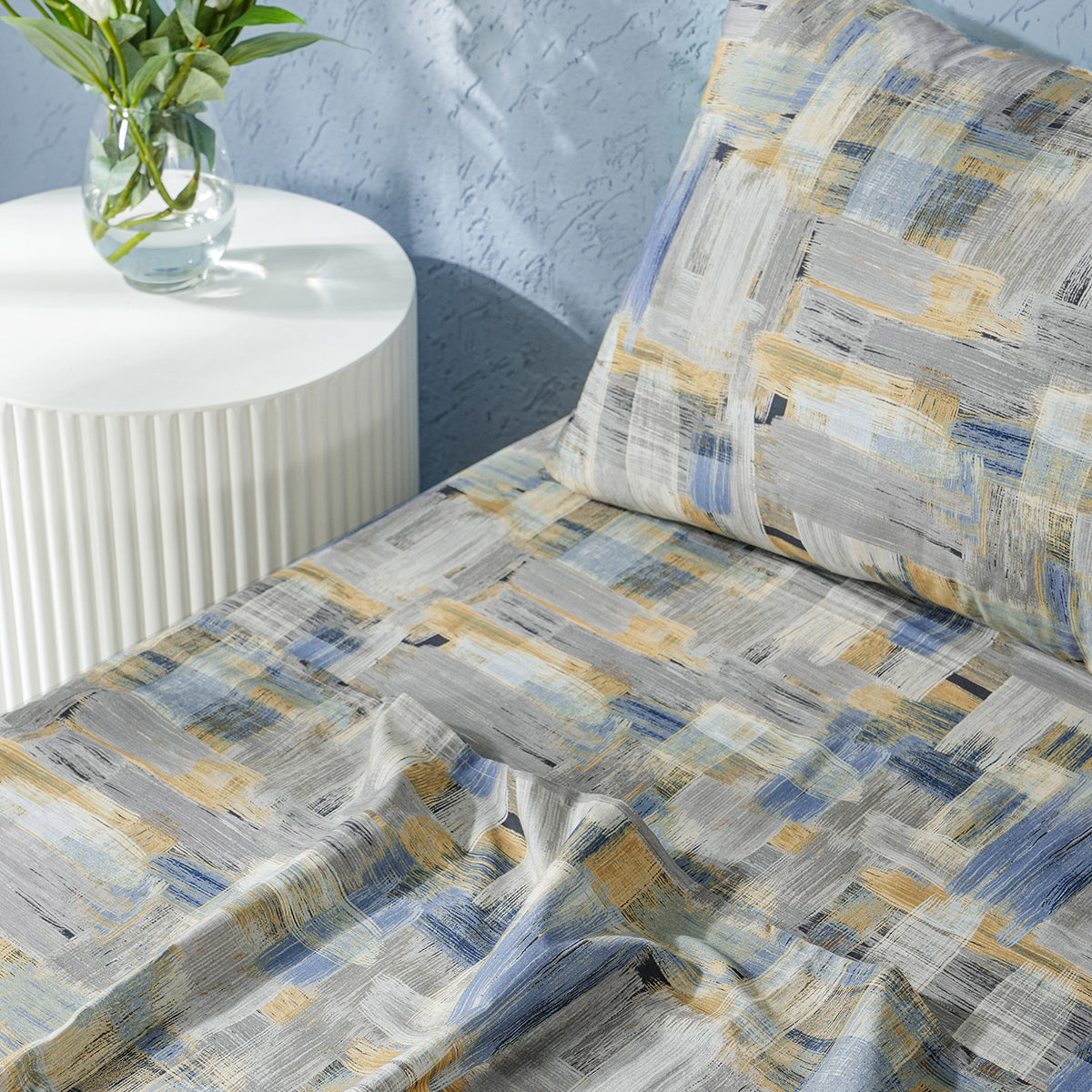 Whimsy Nature Brush Strokes Digital Printed 100% Cotton Blue Bedsheet with Pillow Case