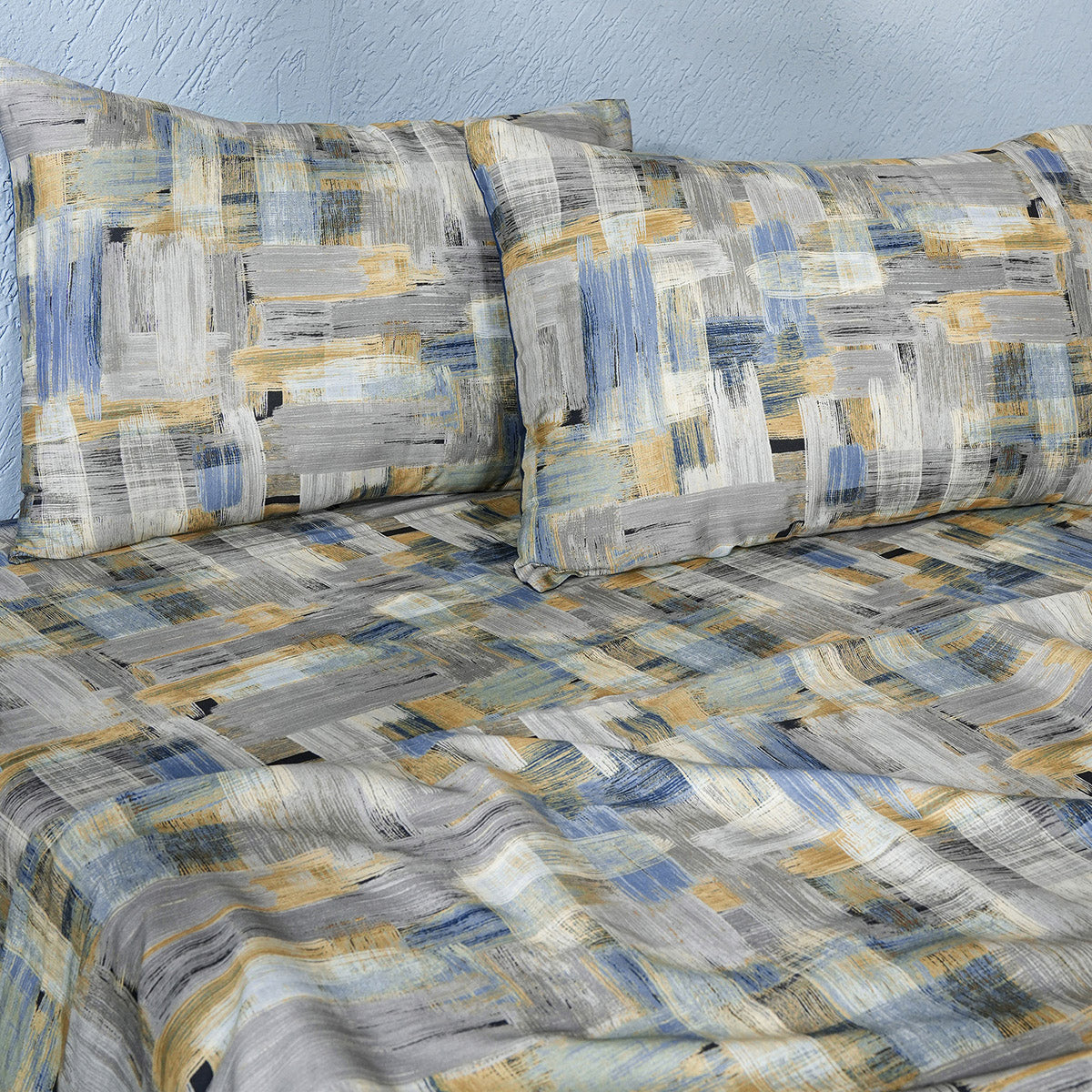 Whimsy Nature Brush Strokes Digital Printed 100% Cotton Blue Bedsheet with Pillow Case