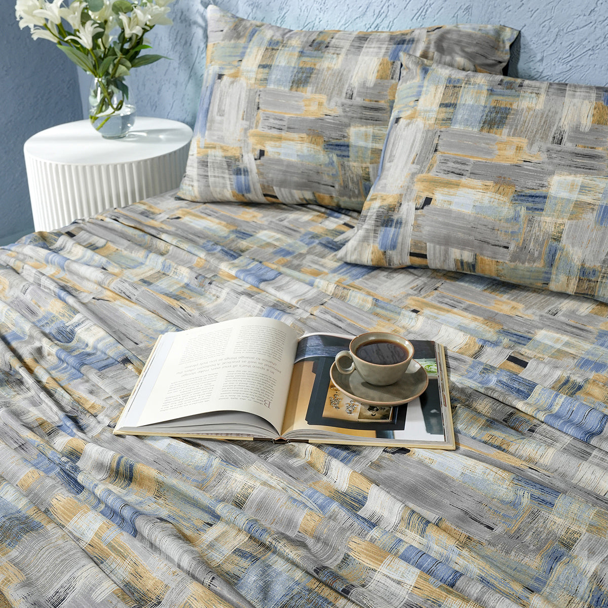 Whimsy Nature Brush Strokes Digital Printed 100% Cotton Blue Bedsheet with Pillow Case