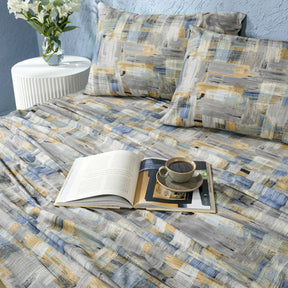 Whimsy Nature Brush Strokes Digital Printed 100% Cotton Blue Bedsheet with Pillow Case