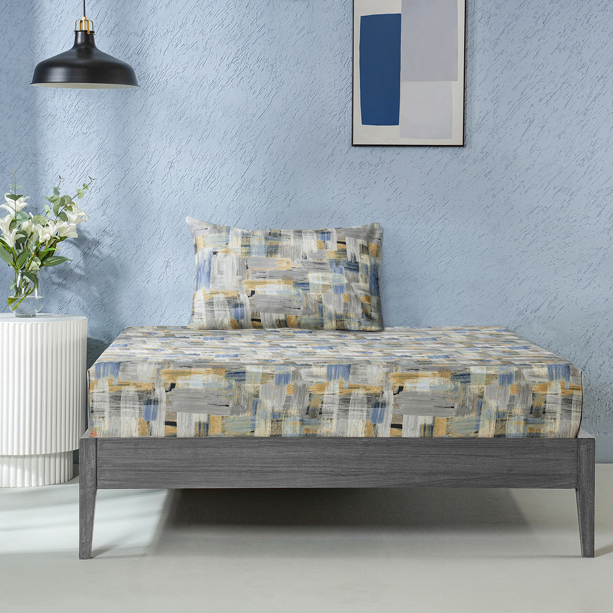 Whimsy Nature Brush Strokes Digital Printed 100% Cotton Blue Bedsheet with Pillow Case