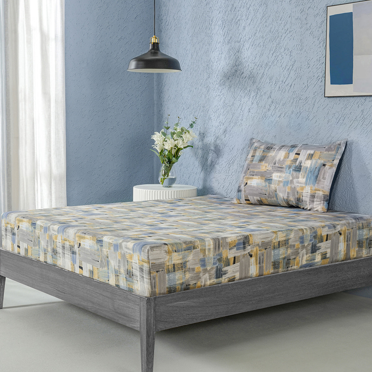 Whimsy Nature Brush Strokes Digital Printed 100% Cotton Blue Bedsheet with Pillow Case