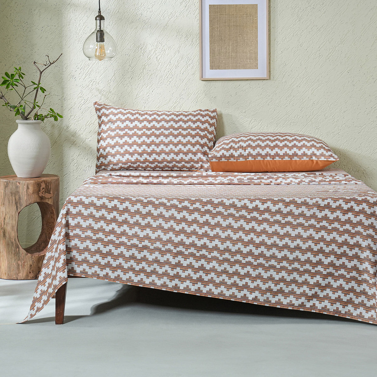Whimsy Nature Twisty Melange Digital Printed 100% Cotton Rust Bedsheet with Pillow Case
